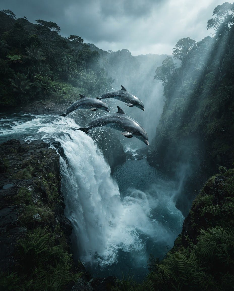 Three dolphins leaping over the crest of a waterfall in a misty rainforest gorge